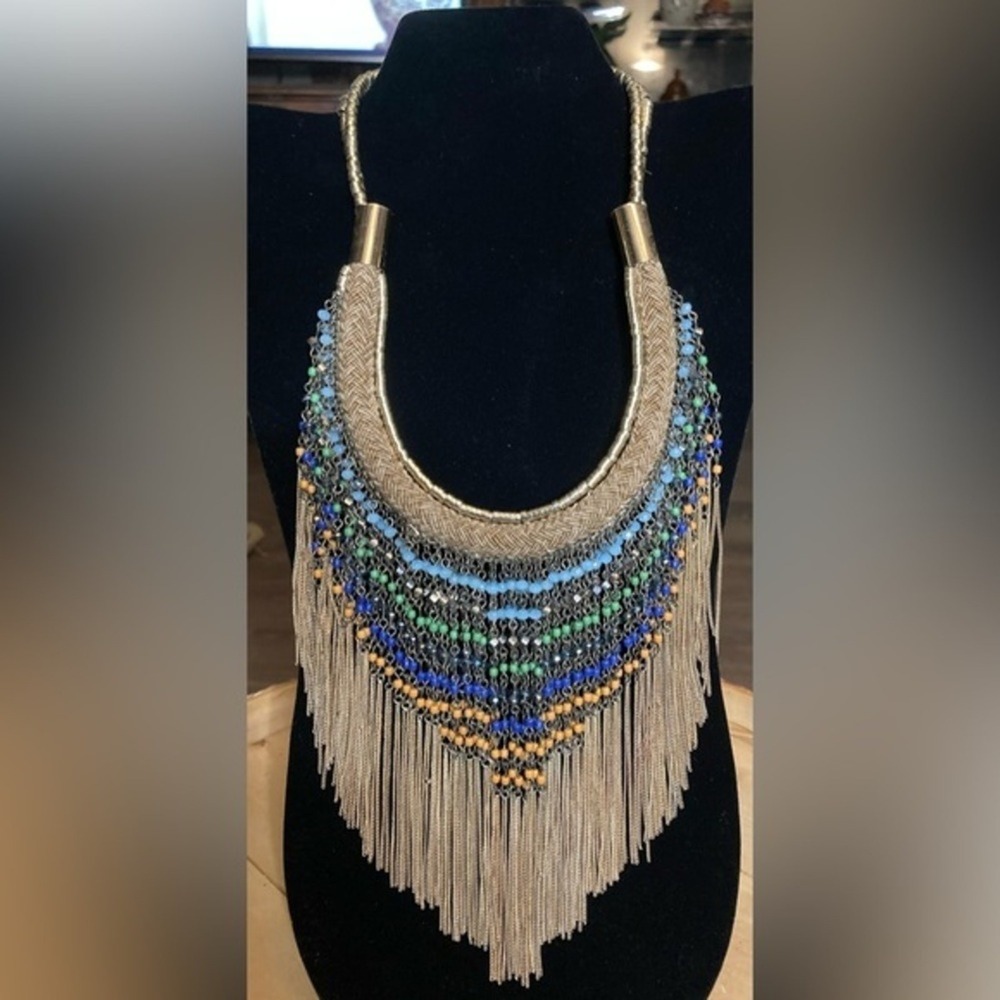 Zara Gold Tone Beaded Fringe Statement Bib Necklace Boho Multi Color Mixed Media - Picture 2 of 4